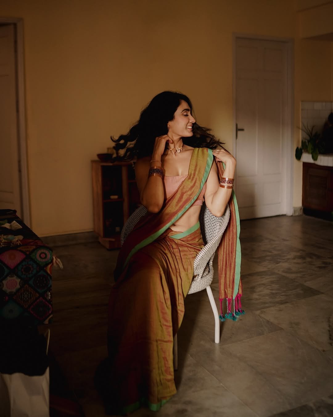 Deepti Sati earthy silk saree blush blouse moody indoor Portrait (2)