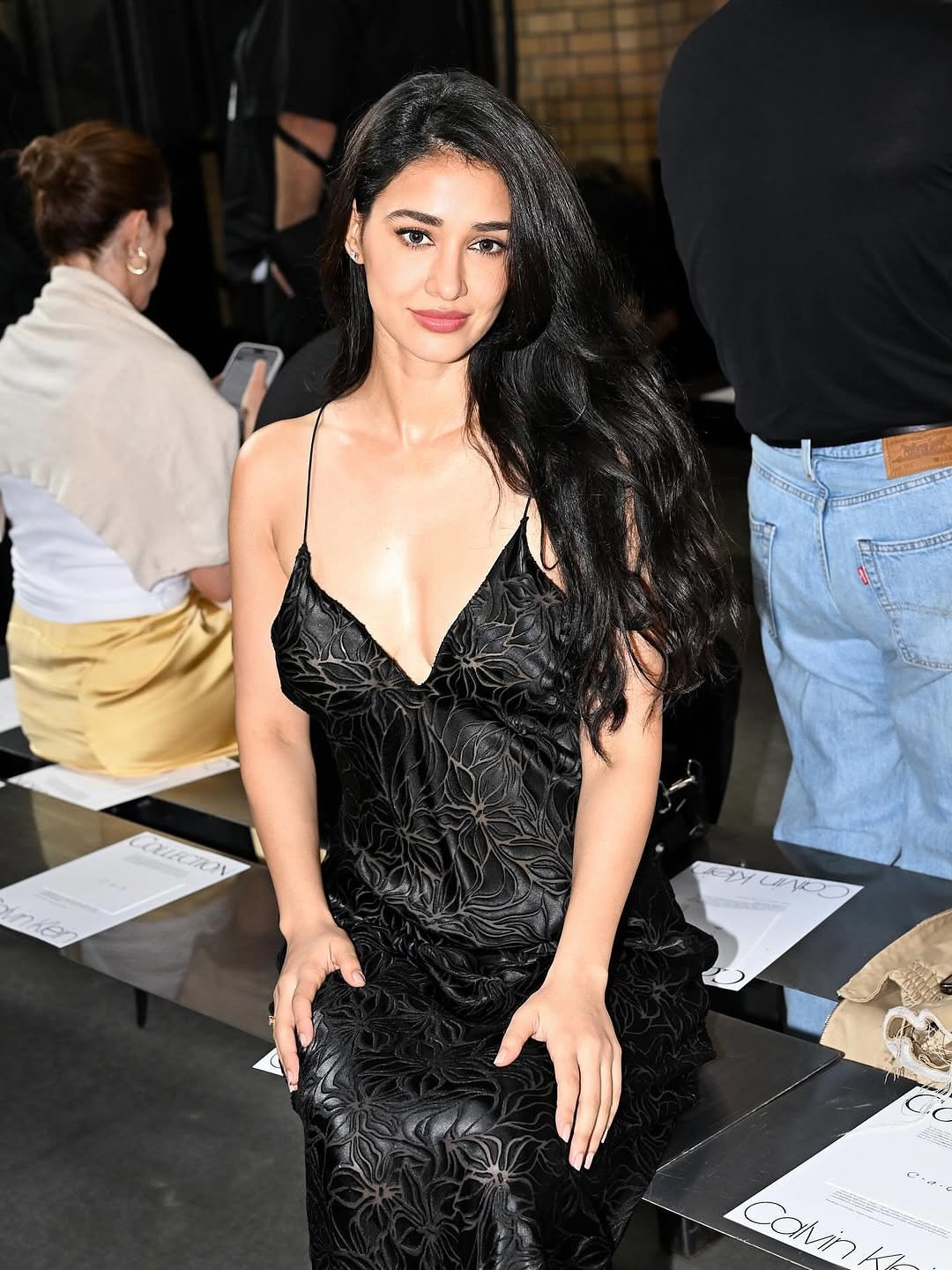 Disha Patani black slip dress outdoor steps (2)
