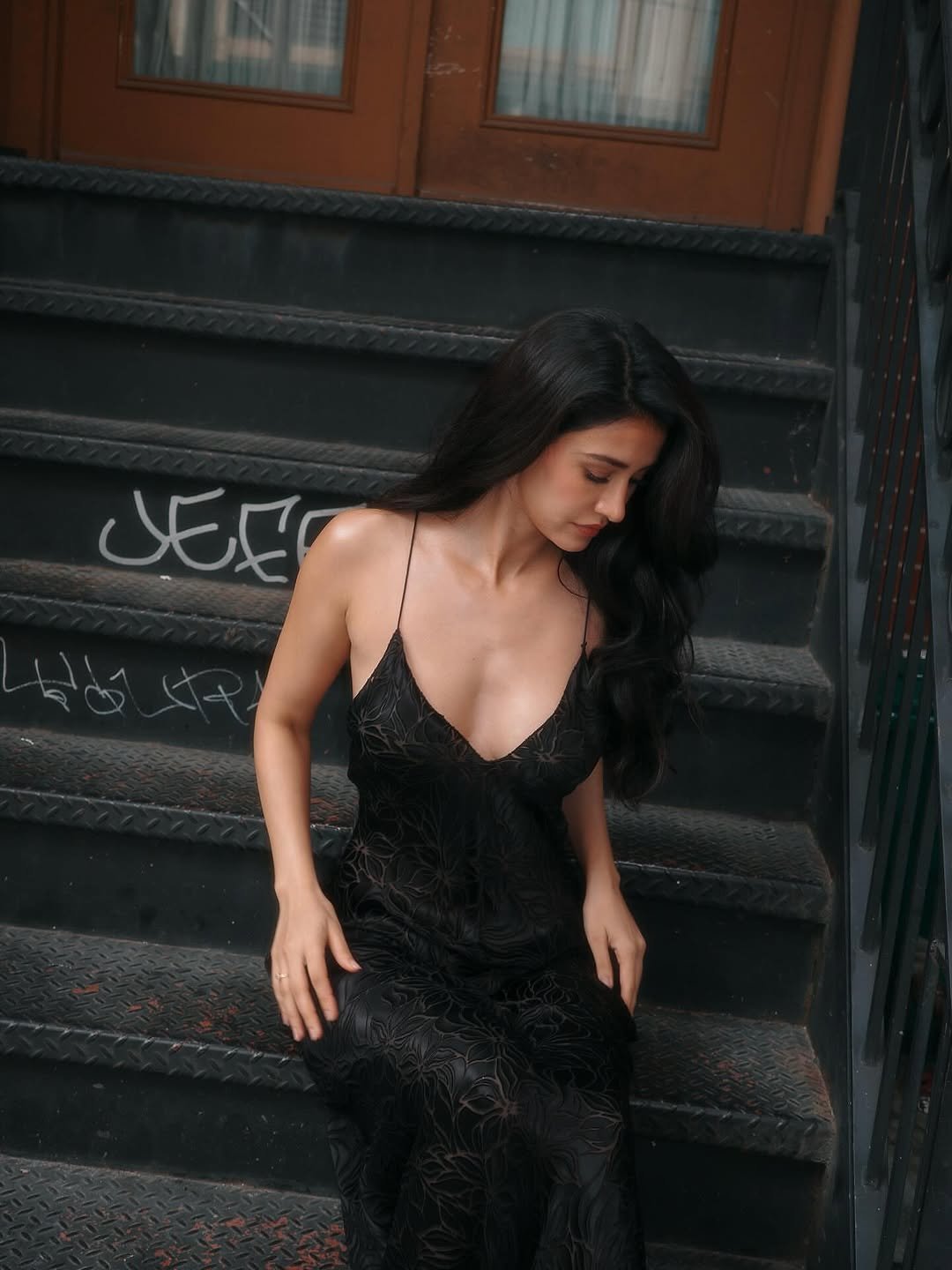 Disha Patani black slip dress outdoor steps (9)