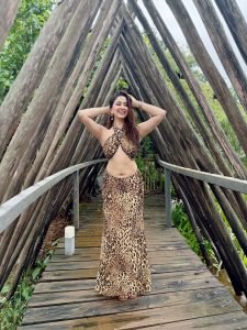Eshanya Maheshwari fierce pose in leopard co-ord set on bridge