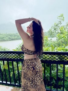 Eshanya Maheshwari fierce pose in leopard co-ord set on bridge