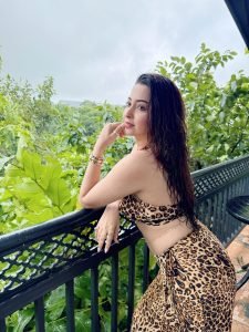 Close-up of Eshanya Maheshwari leopard co-ord set with bridge architecture