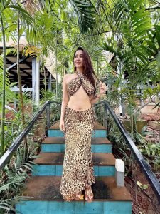 Eshanya Maheshwari confident stance in animal print co-ord outdoor shoot