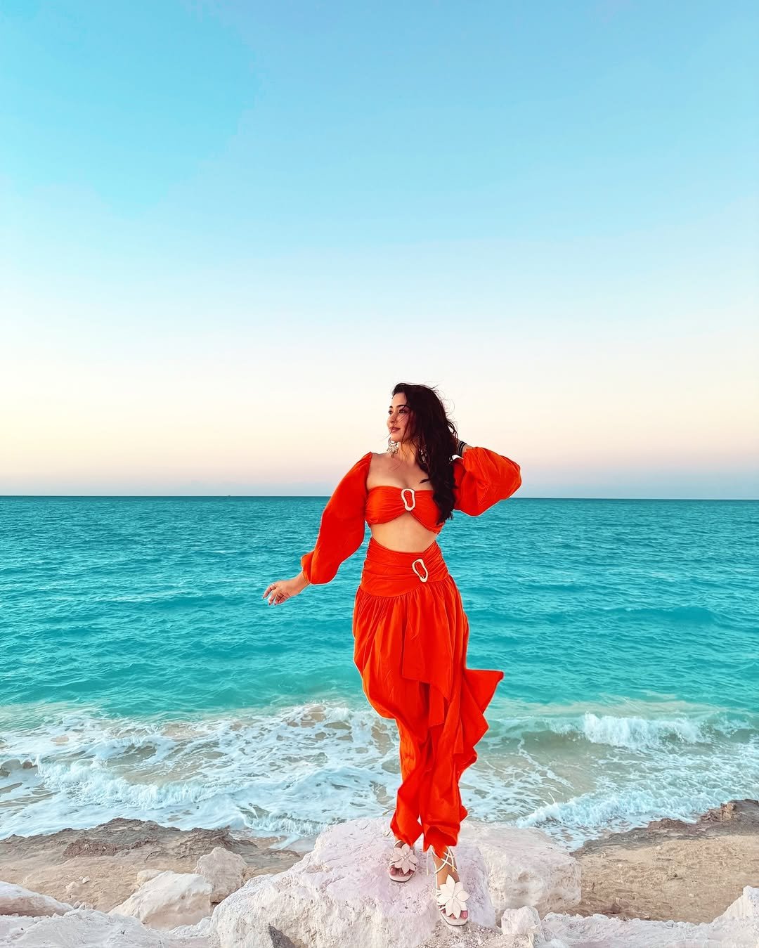Eshanya Maheshwari orange Dress on beach twirl Lookbook (12)