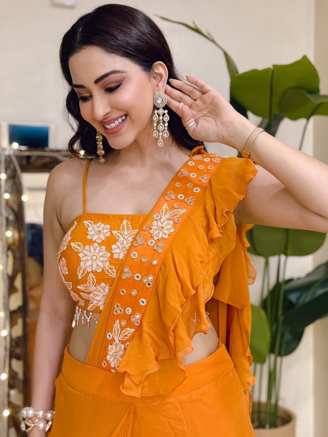 Eshanya Maheshwari orange ruffle saree indoor smile Collection (1)