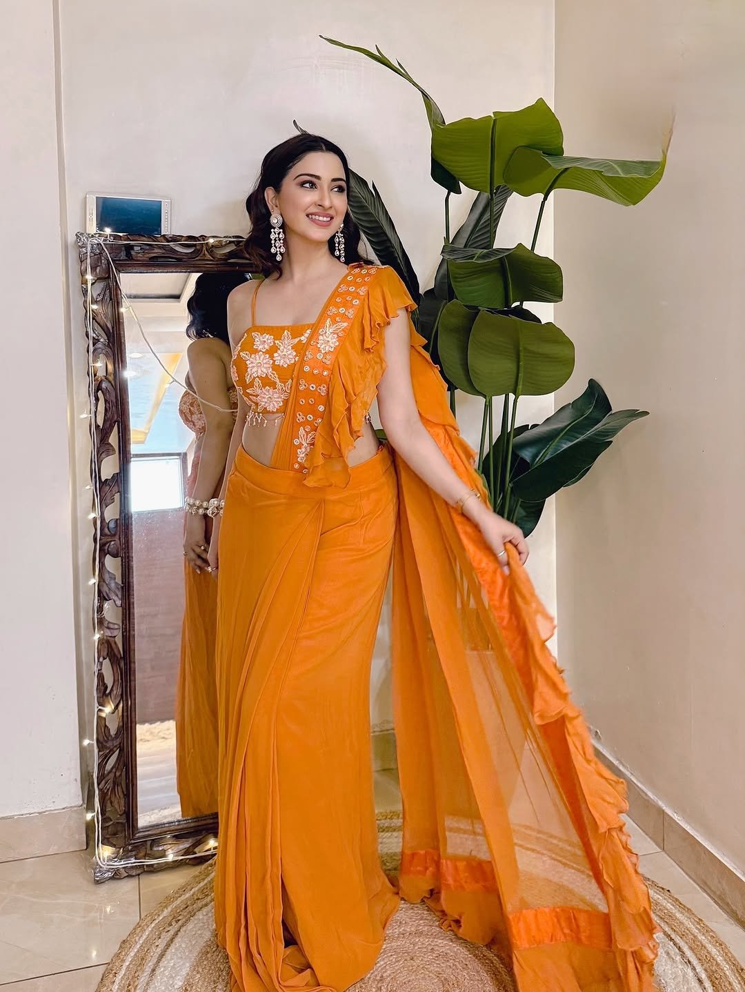 Eshanya Maheshwari orange ruffle saree indoor smile Collection (10)