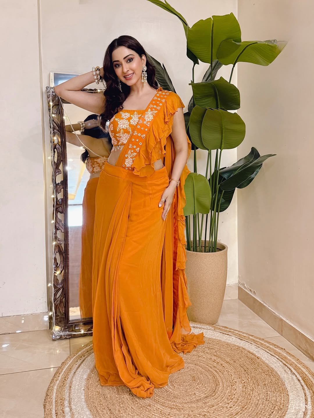 Eshanya Maheshwari orange ruffle saree indoor smile Collection (12)