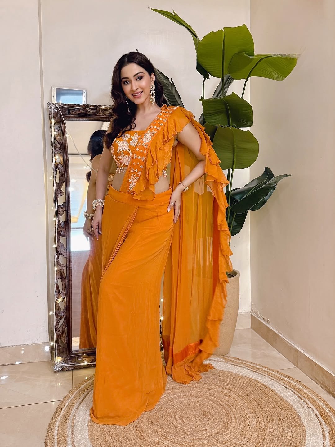 Eshanya Maheshwari orange ruffle saree indoor smile Collection (8)