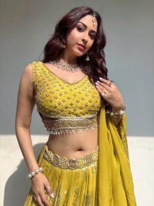 Full view of Eshanya Maheshwari yellow mirror embellished lehenga set