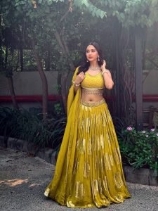 Eshanya Maheshwari yellow mirrorwork lehenga with crop top blouse