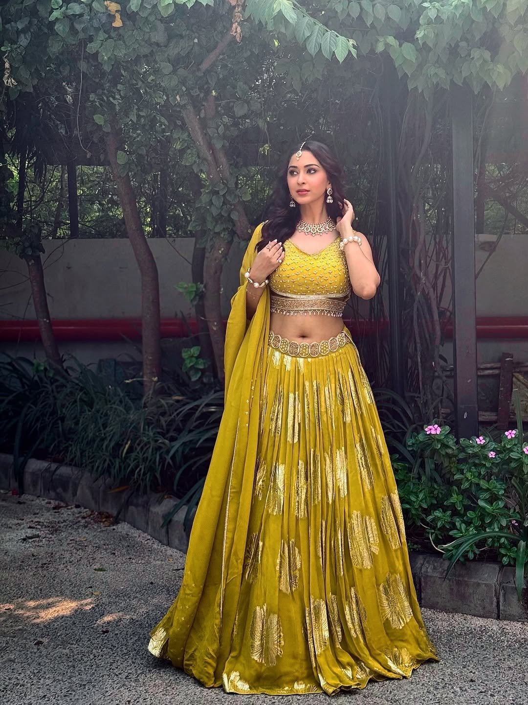 Eshanya Maheshwari yellow mirrorwork lehenga Navel Show (15)