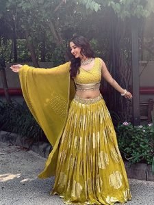 Full view of Eshanya Maheshwari yellow mirror embellished lehenga set