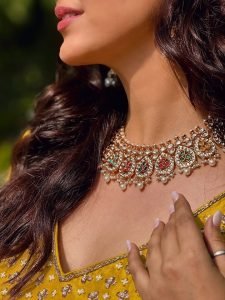 Full view of Eshanya Maheshwari yellow mirror embellished lehenga set