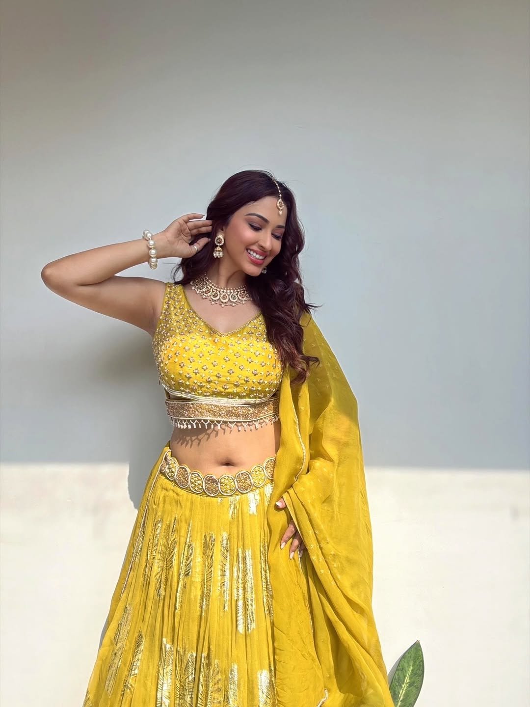 Eshanya Maheshwari yellow mirrorwork lehenga Navel Show (5)