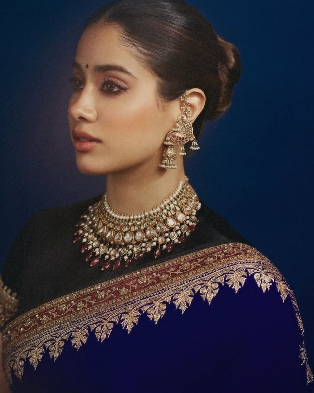 Janhvi Kapoor navy velvet saree heavy kundan jewels Studio Portrait (1)
