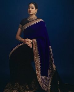 Janhvi Kapoor navy velvet saree with elaborate kundan jewelry set