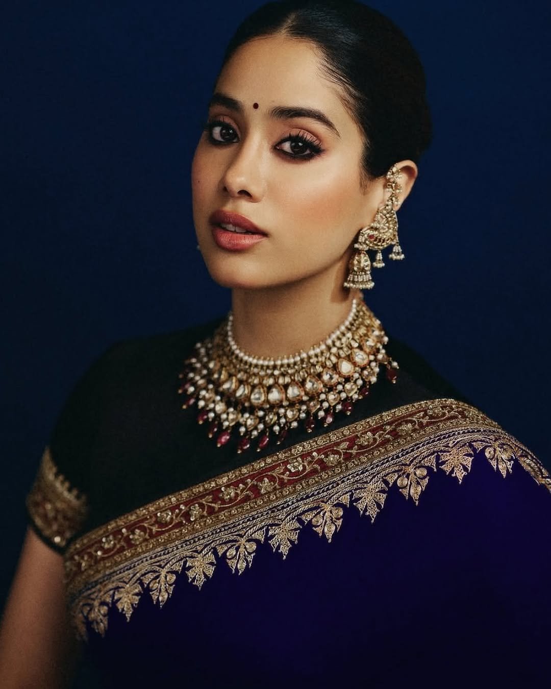 Janhvi Kapoor navy velvet saree heavy kundan jewels Studio Portrait (4)