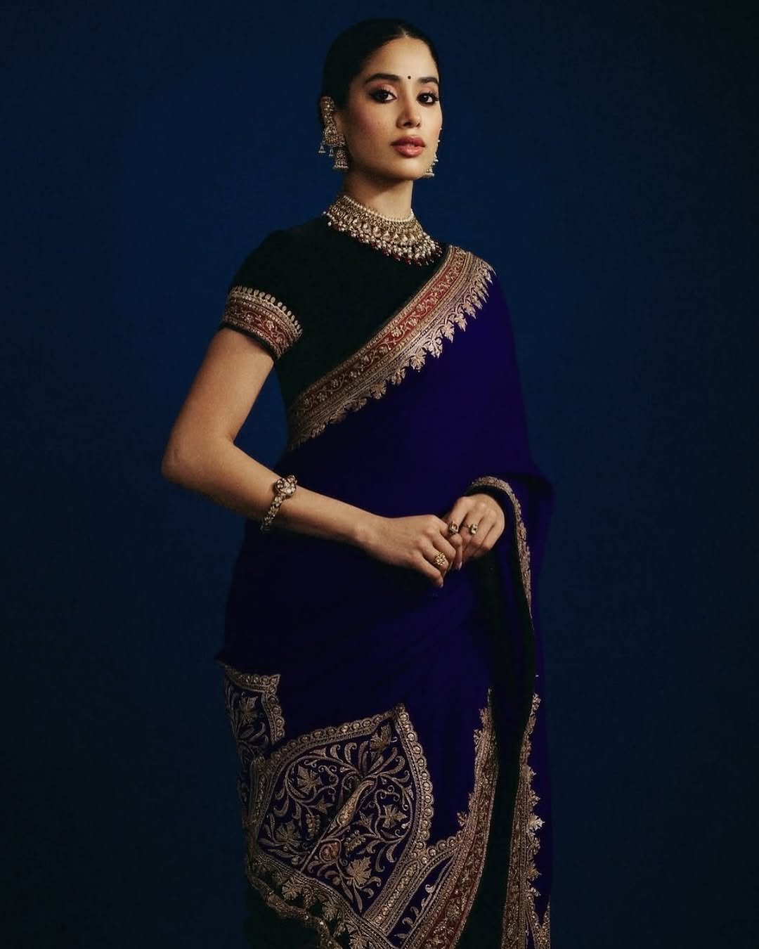 Janhvi Kapoor navy velvet saree heavy kundan jewels Studio Portrait (5)