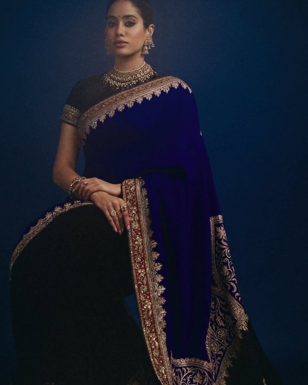 Janhvi Kapoor navy velvet saree heavy kundan jewels Studio Portrait (6)