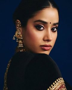 Janhvi Kapoor regal pose in luxurious navy velvet draping