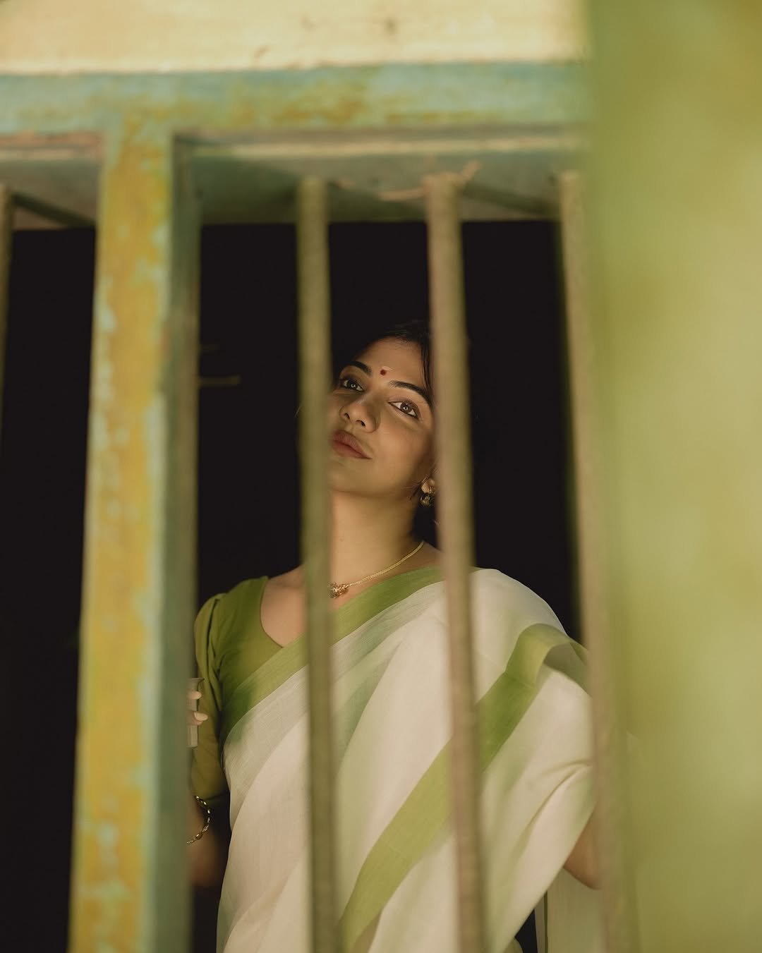 Madonna Sebastian white green border saree soft smile Photos (9)