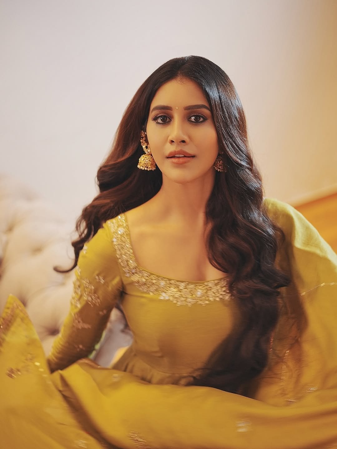 Nabha Natesh mustard anarkali soft focus Photoshoot (1)