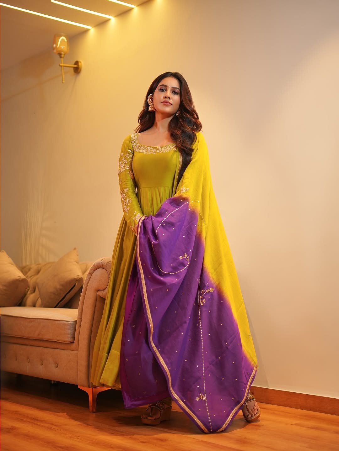 Nabha Natesh mustard anarkali soft focus Photoshoot (11)