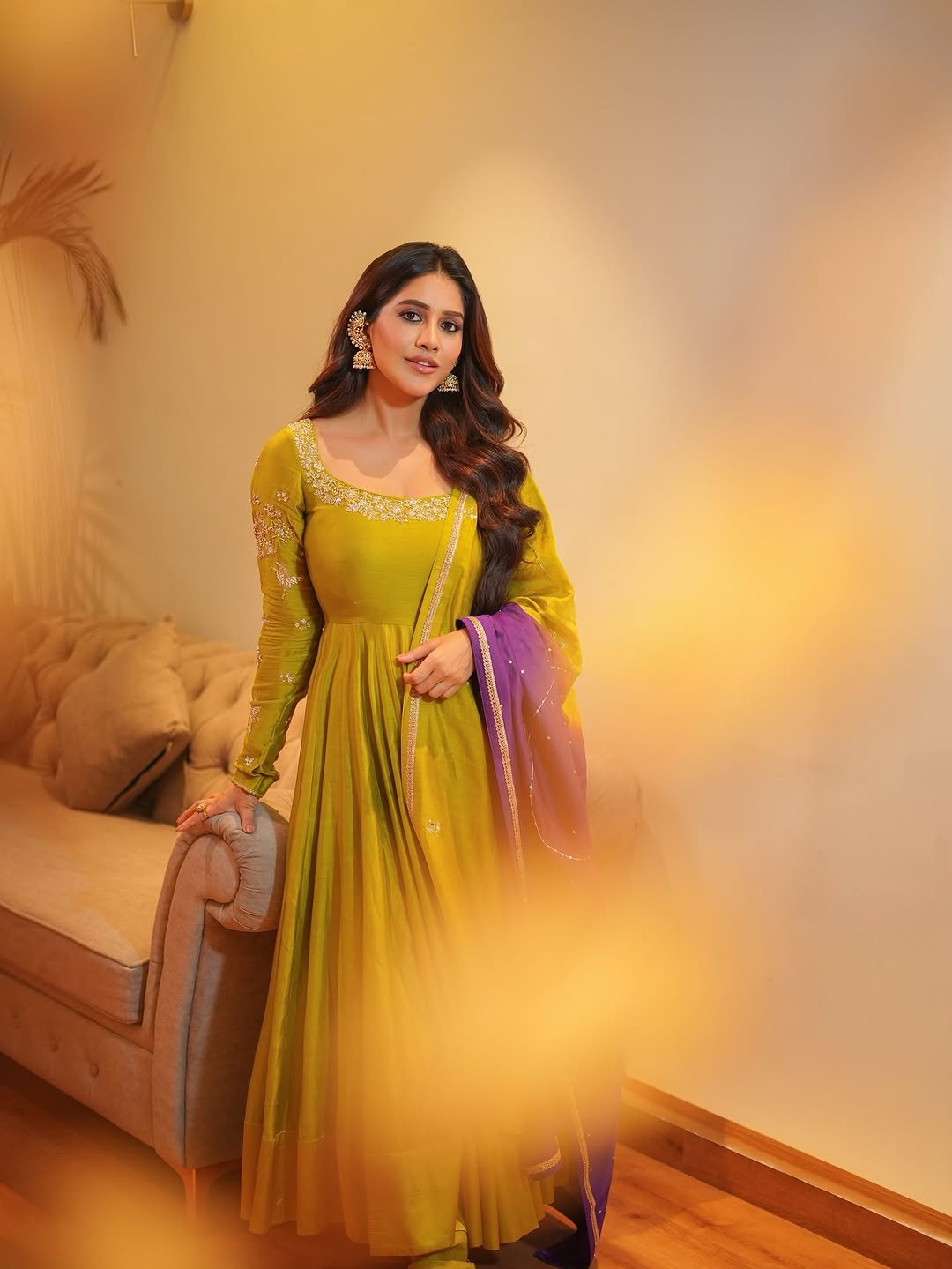Nabha Natesh mustard anarkali soft focus Photoshoot (2)