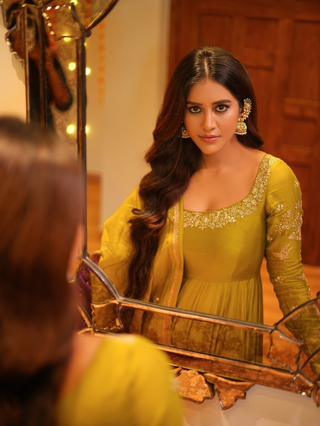 Nabha Natesh mustard anarkali soft focus Photoshoot (3)