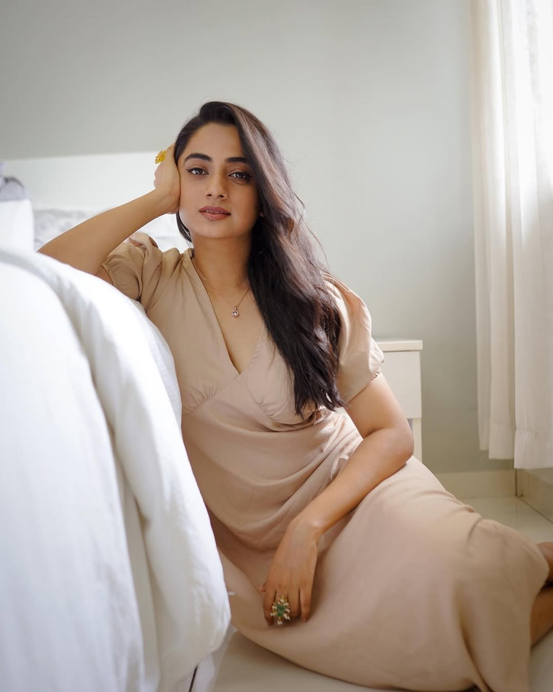 Namitha Pramod beige open back dress soft glance Photos (15)