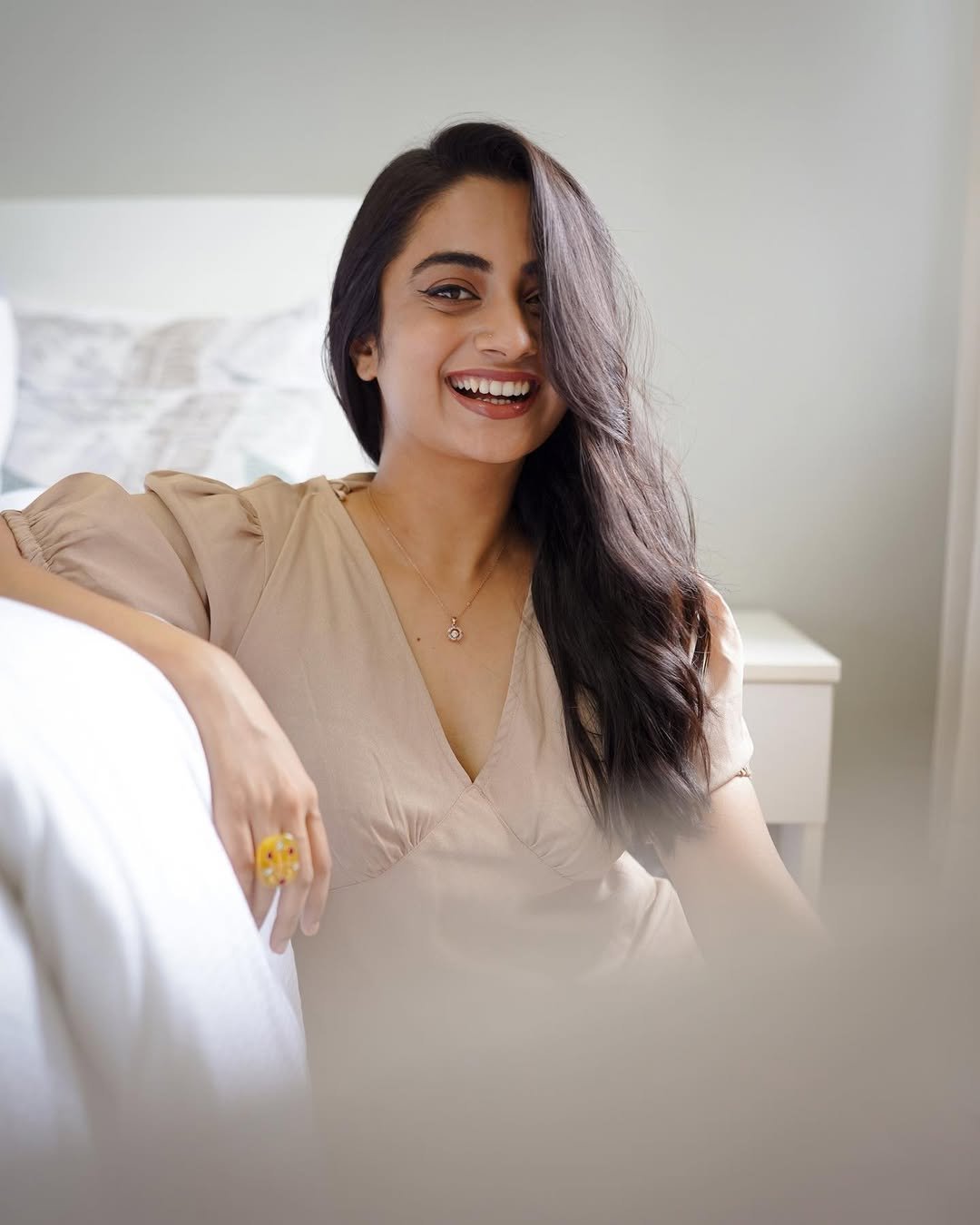 Namitha Pramod beige open back dress soft glance Photos (3)