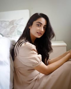 Back detail of Namitha Pramod beige dress design closeup