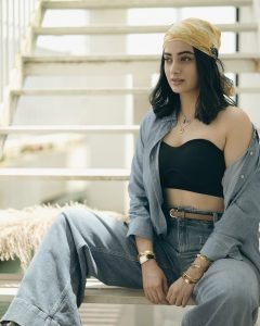 City backdrop with Namitha Pramod edgy denim and bustier combo