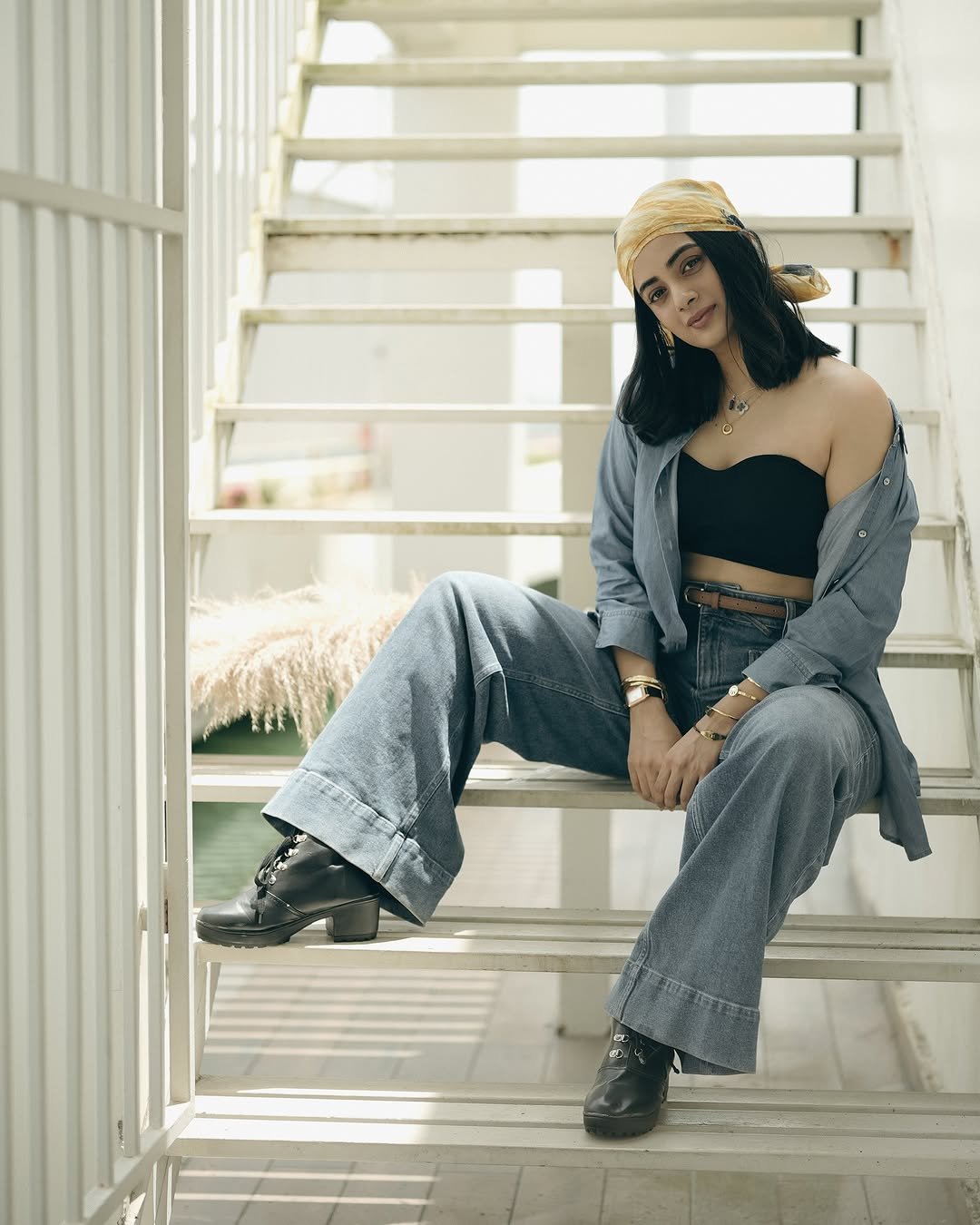 Namitha Pramod denim co-ord black bustier bandana rooftop steps Photoshoot (2)