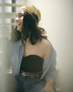 Urban rooftop setting for Namitha Pramod trendy denim outfit