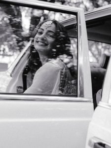 Luxurious car interior setting for Namitha Pramod saree portrait