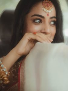 Luxurious car interior setting for Namitha Pramod saree portrait