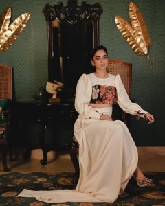 Detailed embroidery on Namitha Pramod ivory designer blouse