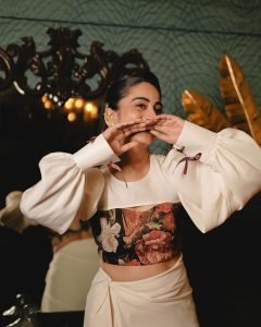 Detailed embroidery on Namitha Pramod ivory designer blouse