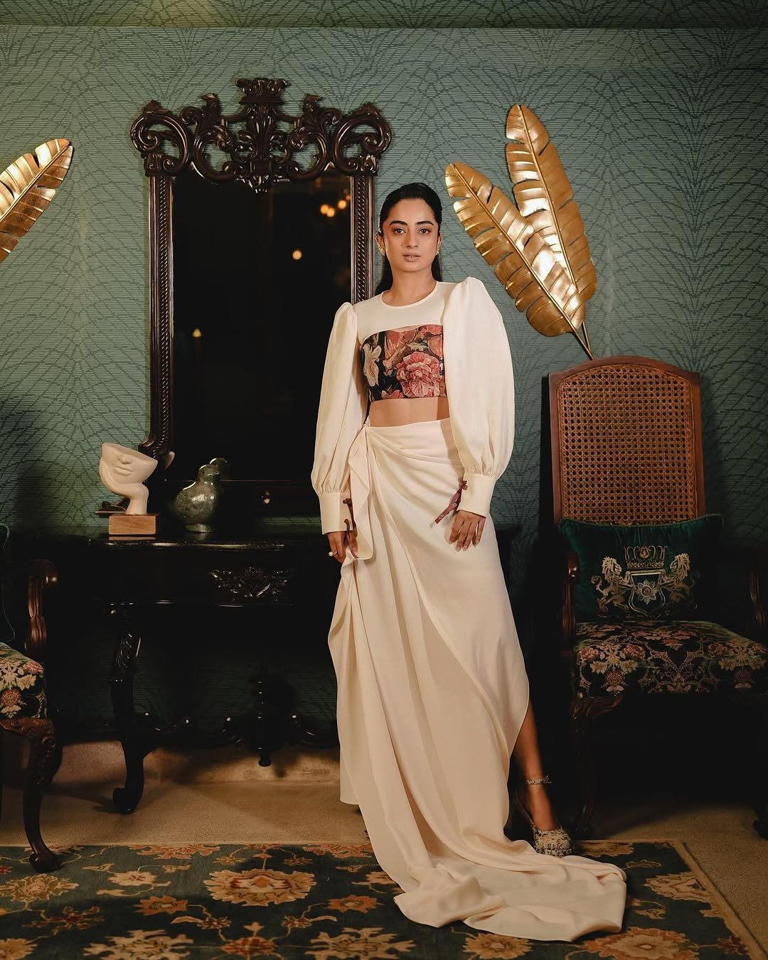 Namitha Pramod ivory statement blouse vintage lounge Photoshoot (18)
