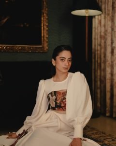 Namitha Pramod ivory statement blouse in vintage decorated lounge