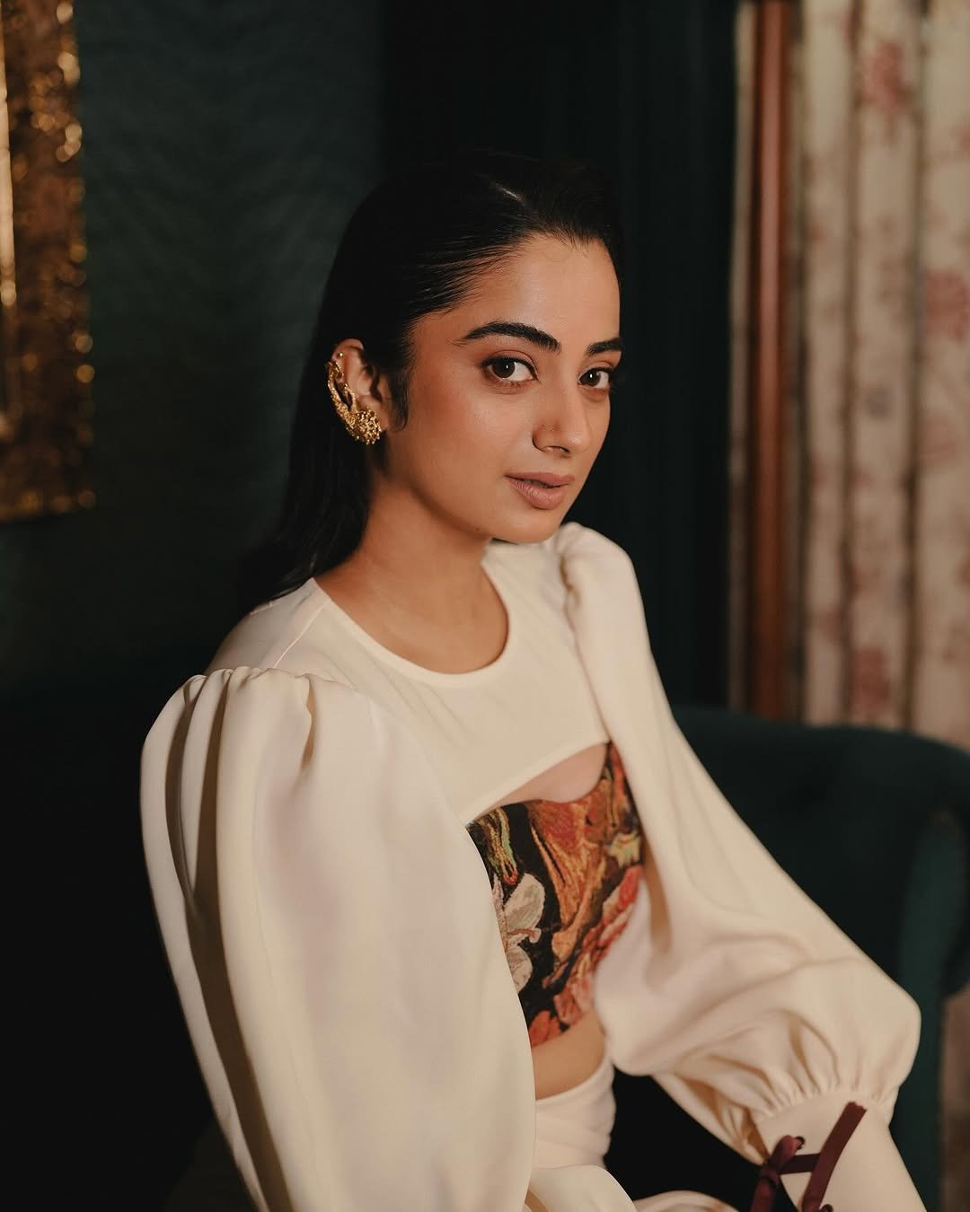 Namitha Pramod ivory statement blouse vintage lounge Photoshoot (5)