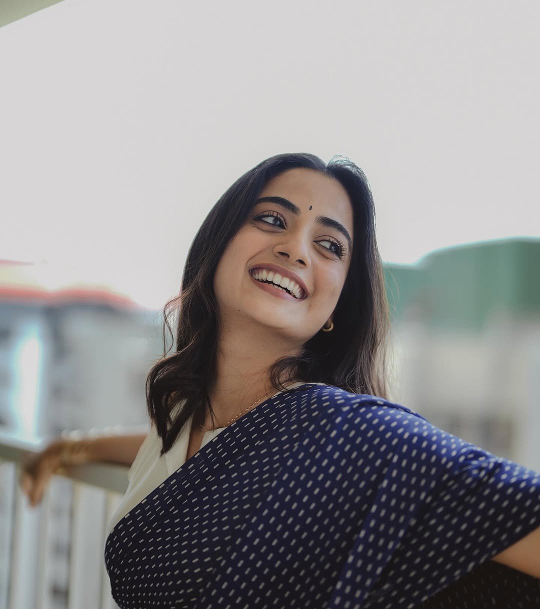 Namitha Pramod navy saree balcony glow Photos (2)