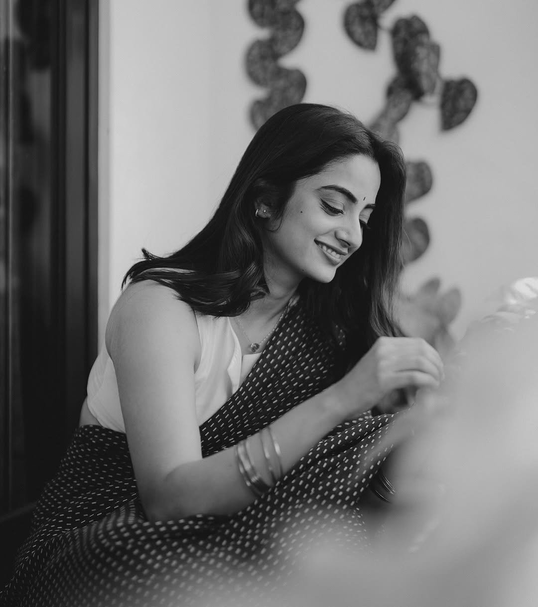 Namitha Pramod navy saree balcony glow Photos (3)