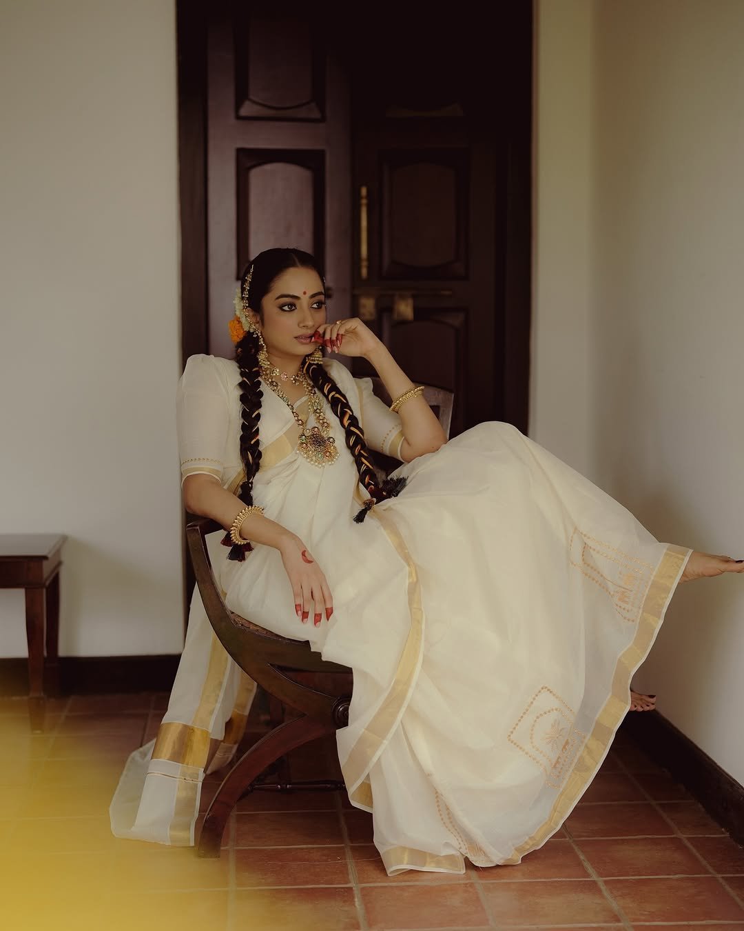 Namitha Pramod traditional braids jasmine gajra golden hour Photoshoot (6)