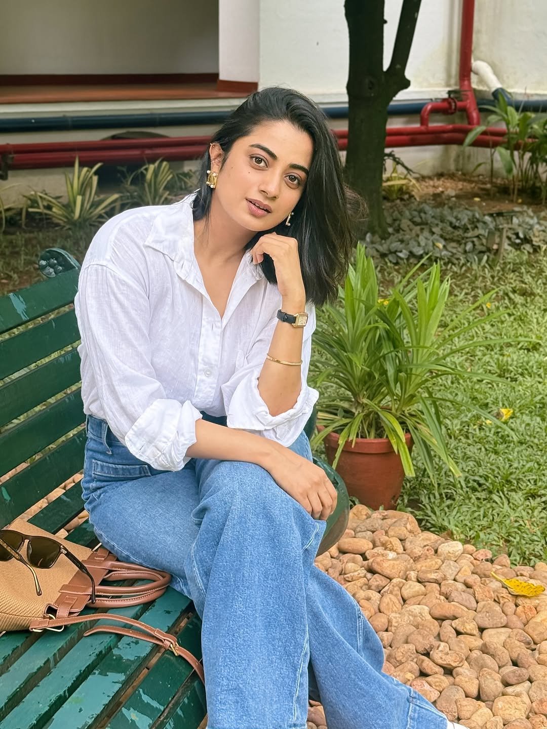 Namitha Pramod white linen shirt garden candid smile Portrait (3)