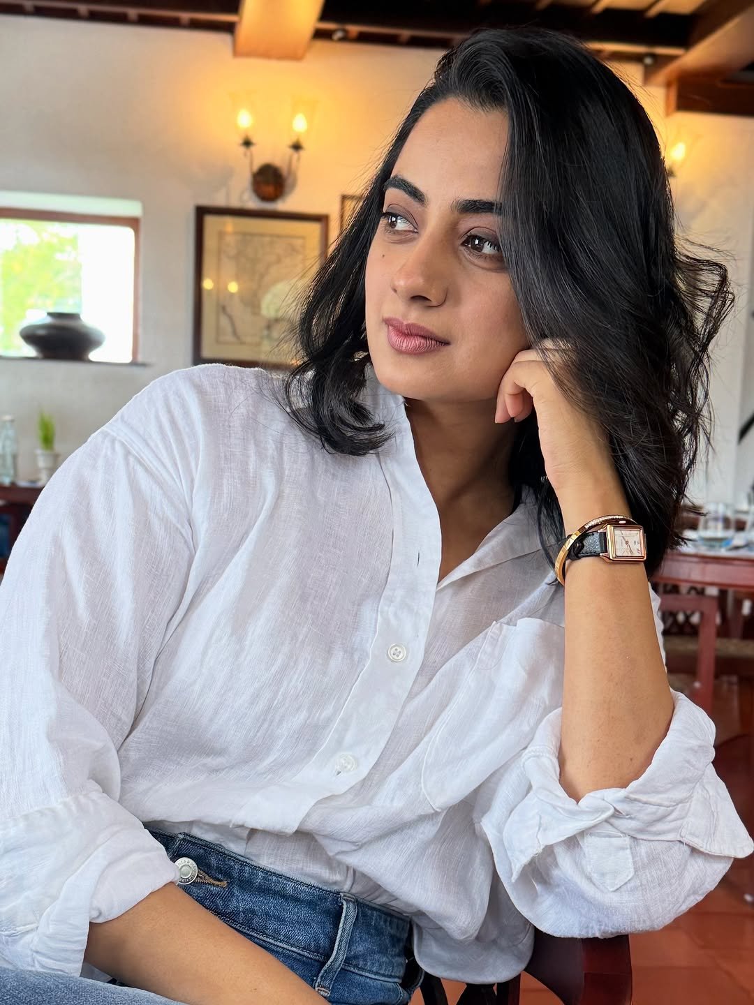 Namitha Pramod white linen shirt garden candid smile Portrait (9)