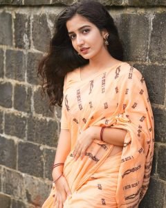 Neha Pathan peach printed saree by calm riverside waters