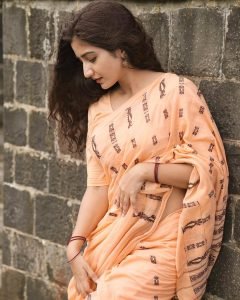 Neha Pathan peach printed saree by calm riverside waters