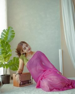 Soft pink fabric flowing in Neha Pathan comfortable indoor shoot